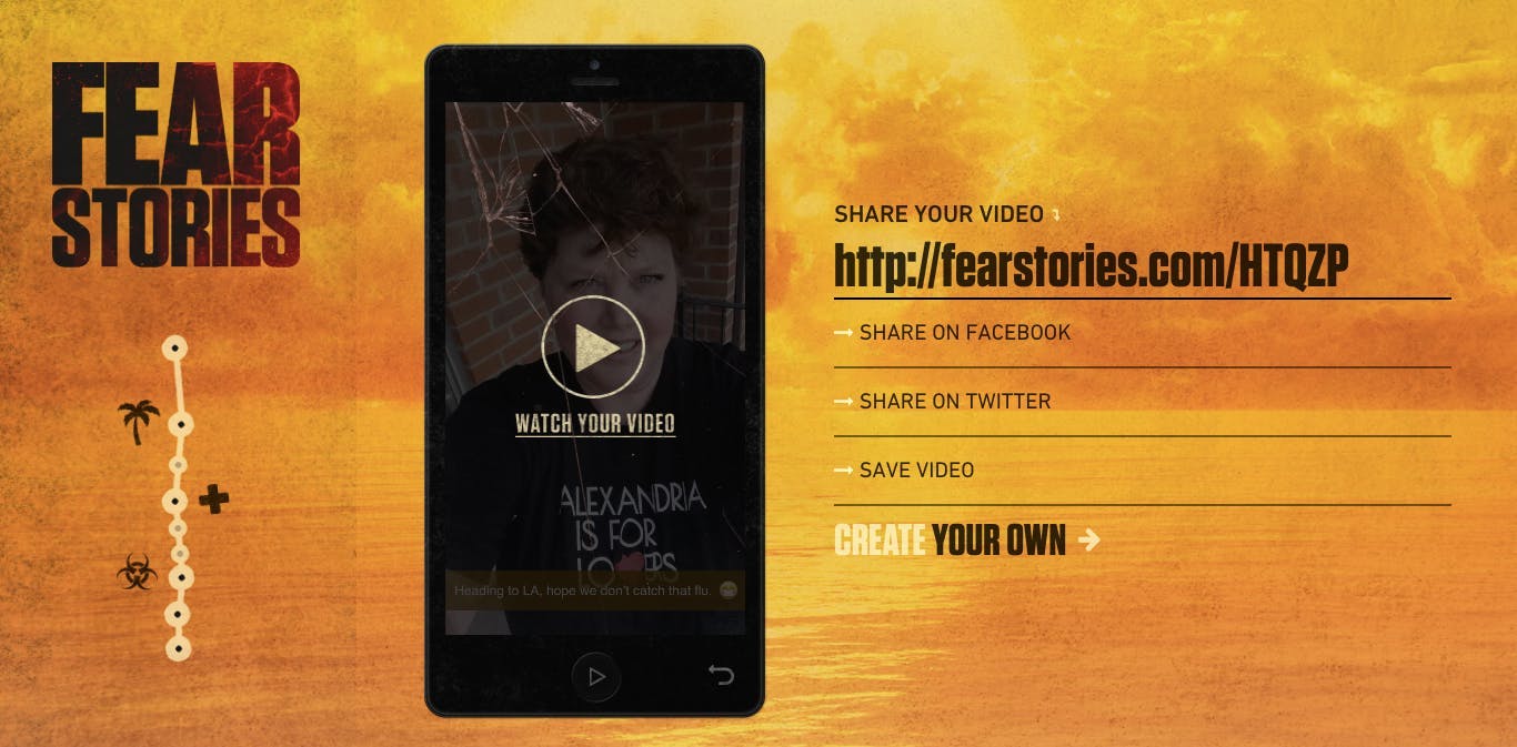 A landing page showcasing a video titled "Fear Stories" from The Walking Dead alongside options to share or save the video