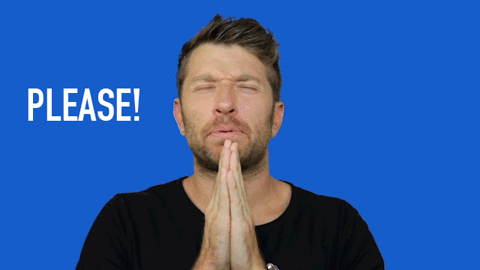 A GIF of a man on a blue background with text that reads: PLEASE!