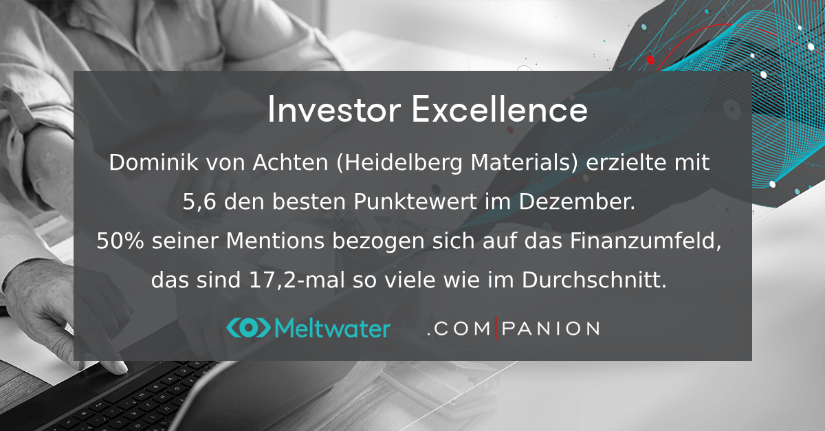 Meltwater und .companion CEO Echo im Dezember 2023. Dieser Banner zeigt die Kategorie "Investor Excellence", in der der Heidelberg  Materials-CEO Dominik von Achten gewonnen hat.