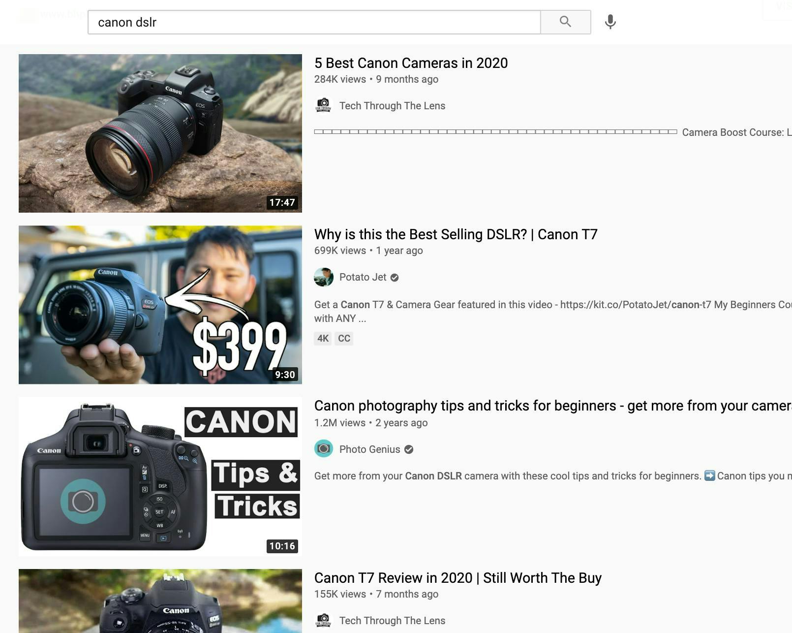 Search results for DSLR cameras on YouTube showing 4 videos from different channels