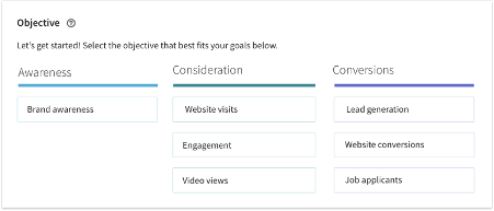 Screenshot of linkedin platform showing different goals you can set with campaigns 