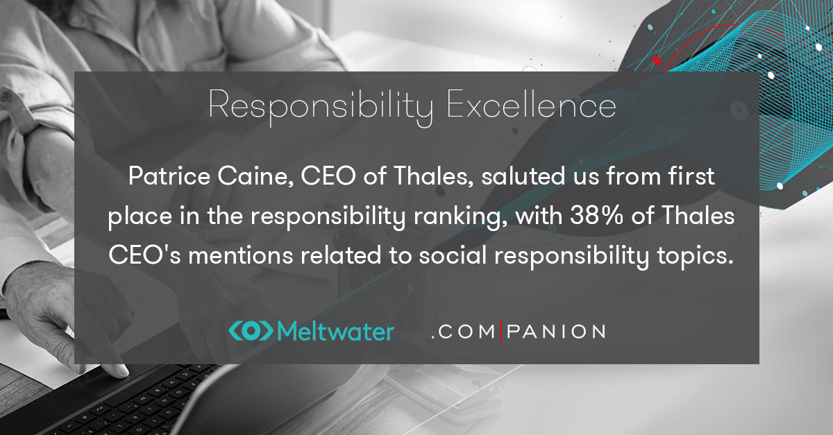 Patrice Caine, CEO of Thales, saluted us from first place in the responsibility ranking, with 38% of Thales CEO's mentions related to social responsibility topics. His engagement rate was 11068 which can be considered highly engaged.