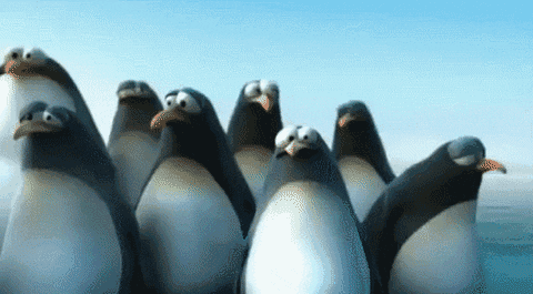 An animated gif with penguins standing on ice and running away from a whale