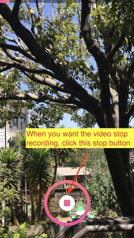 Screenshot of recording an Instagram Reel with arrow pointing to the stop button