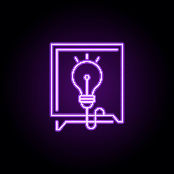 Pink neon icon on a black background displaying a lightbulb in a box