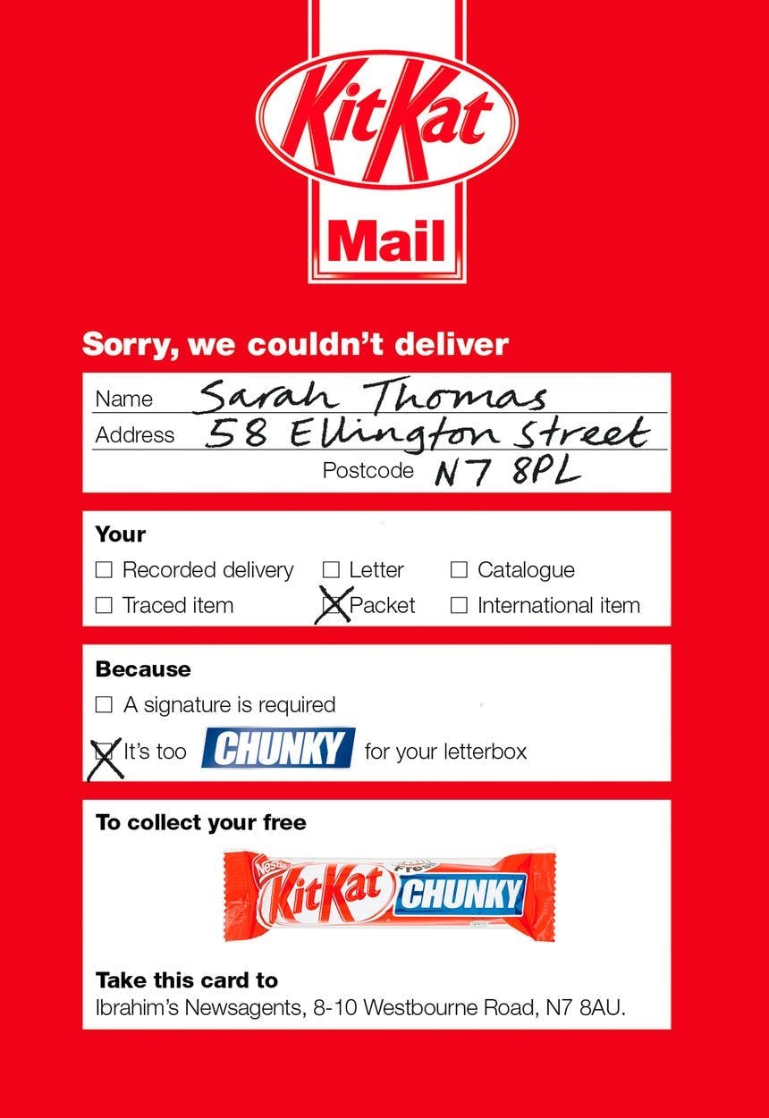 A promotional mailing that KitKat sent to people letting them know that they could pick up a sample of the new candy at a local newsagent