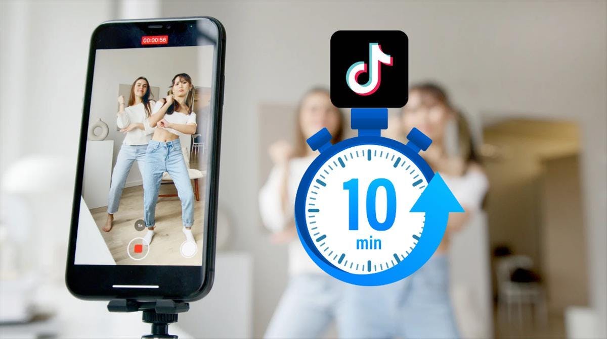 Ein Video wird auf einem Smartphone aufgenommen, das TikTok Logo, eine Stoppuhr die 10 Minuten zeigt