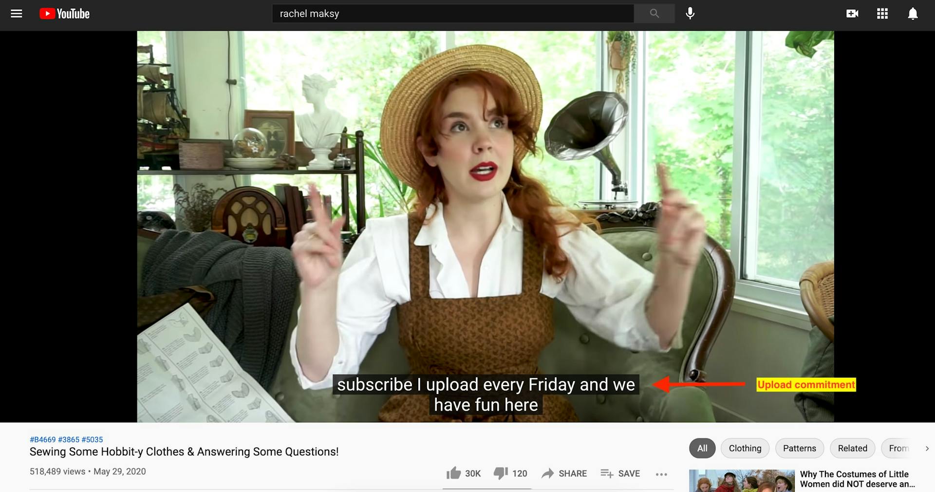 Screengrab with closed captions showing YouTuber promising regular weekly uploads