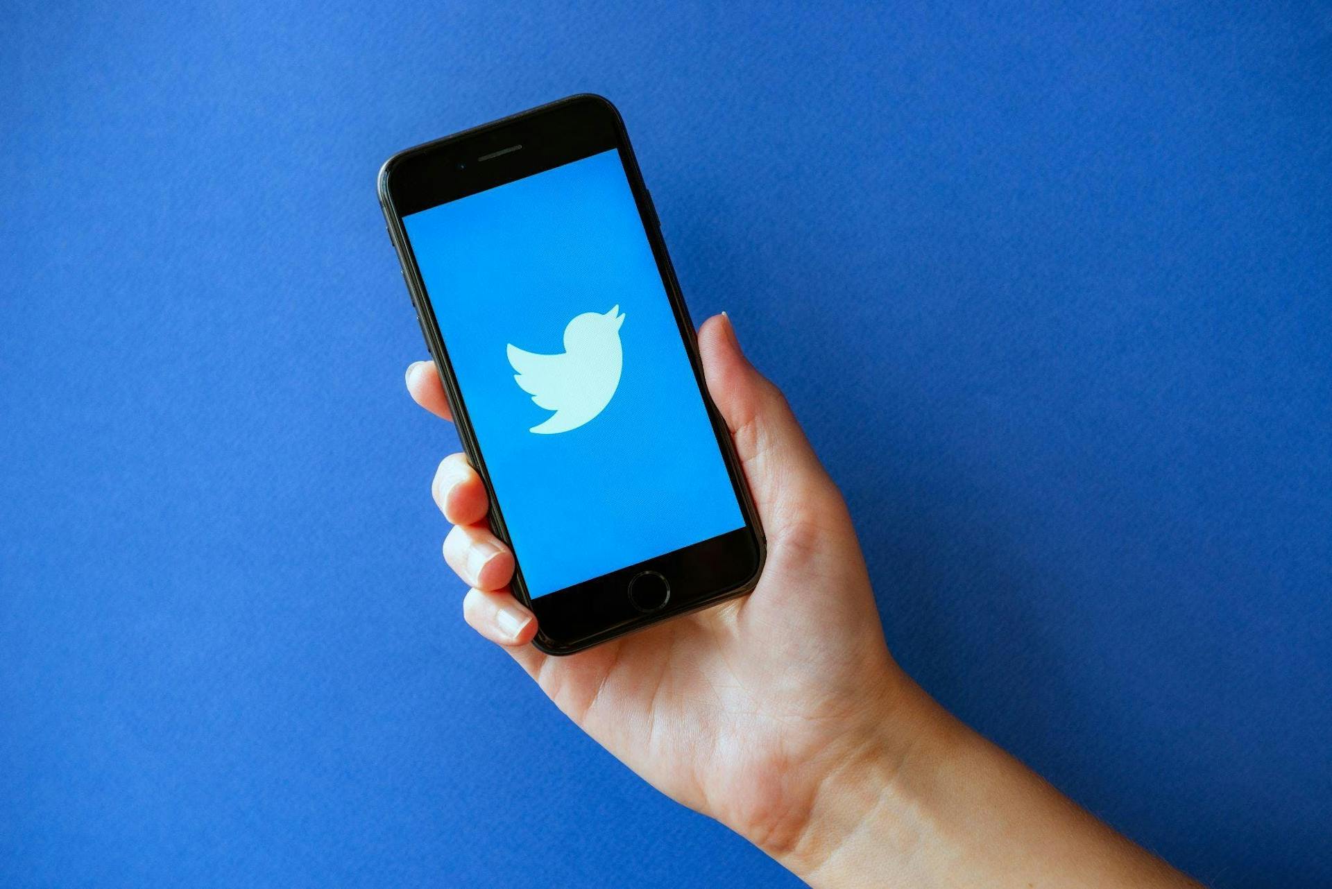 Une personne tient un smartphone présentant un logo twitter sur fond bleu dans la main