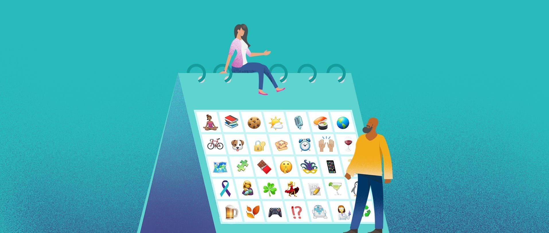 An illustration of a woman and a man standing next to a giant calendar filled with emojis that correspond to different National Days or holidays that social media managers can use when planning their content.