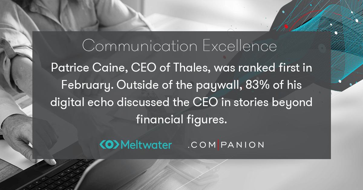 Patrice Caine, CEO of Thales, was ranked first in February. Outside of the paywall, 83% of his digital echo discussed the CEO in stories beyond financial figures.