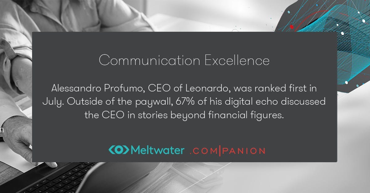 Alessandro Profumo, CEO of Leonardo, was ranked first in July. Outside of the paywall, 67% of his digital echo discussed the CEO in stories beyond financial figures.