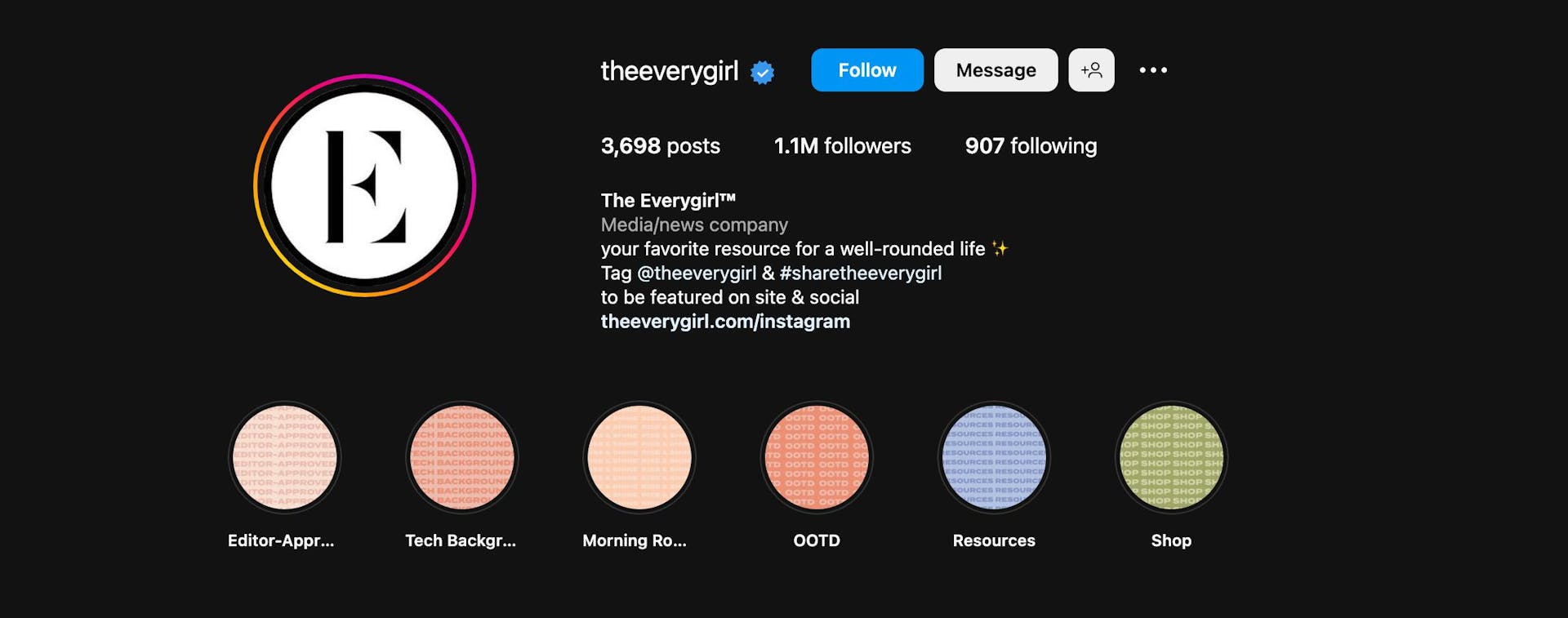 Screenshot of theeverygirl's Instagram profile for UGC