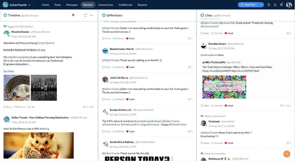 Screenshot des Social Media Monitoring Tools von Zoho Social