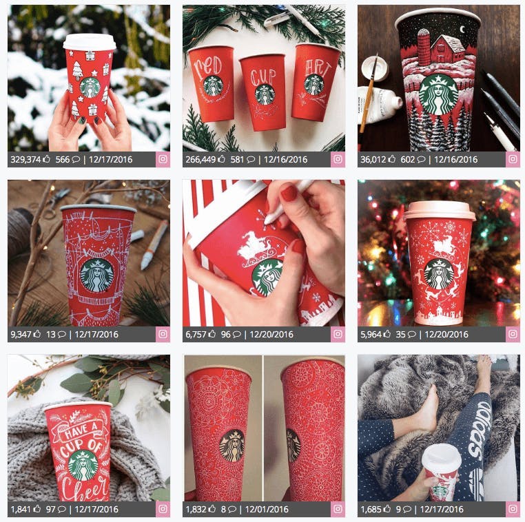 Screenshot of Starbuck's #RedCupArt influencer campaign