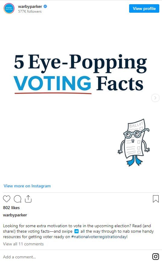 Warby Parker Voter Registration Influencer Campaign screenshot
