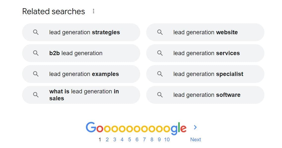 screenshot of related searches for lead generation search in google