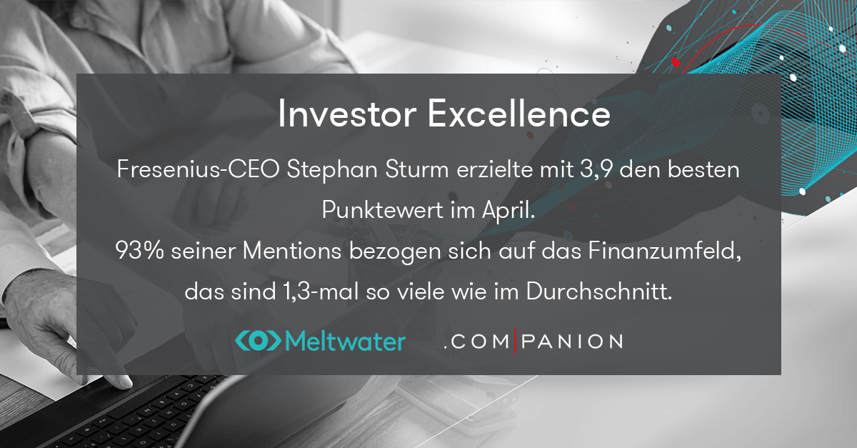 Meltwater und .companion CEO Echo im April 2021. Dieser Banner zeigt die Kategorie “Investor Excellence”, in der Stephan Sturm, CEO von Fresenius, gewonnen hat.