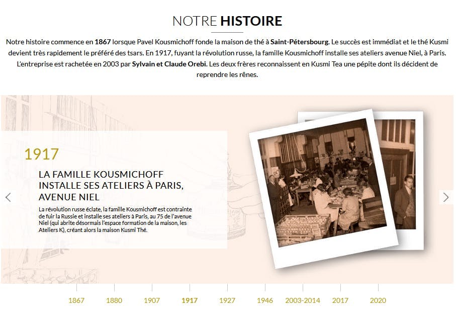 Capture d'écran de l'onglet "Notre histoire" du site Kusmi Tea 