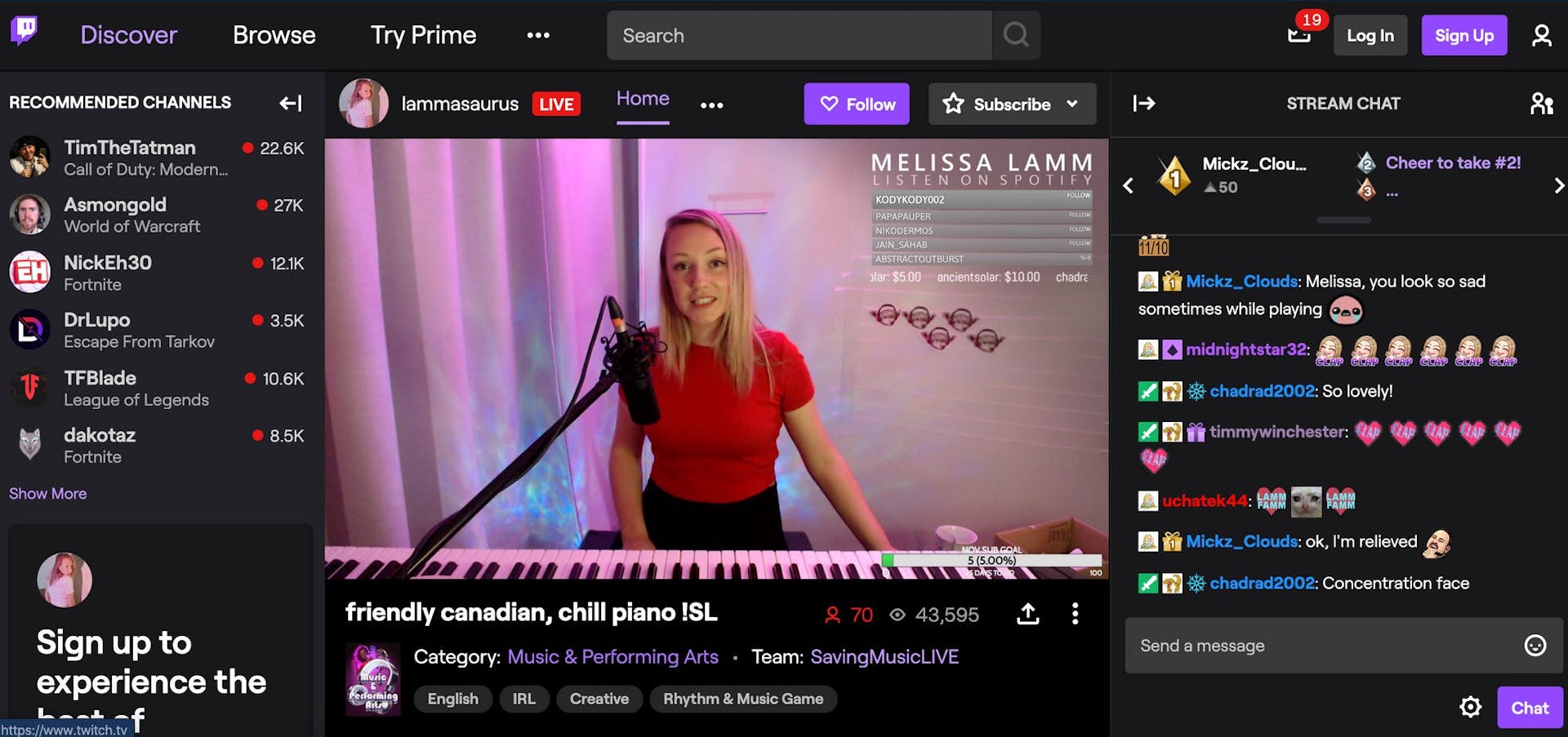 A screenshot of a musician live streaming on Twitch