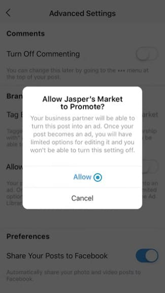 Step 4 for influencers to authorize brands to use their Instagram posts as ads