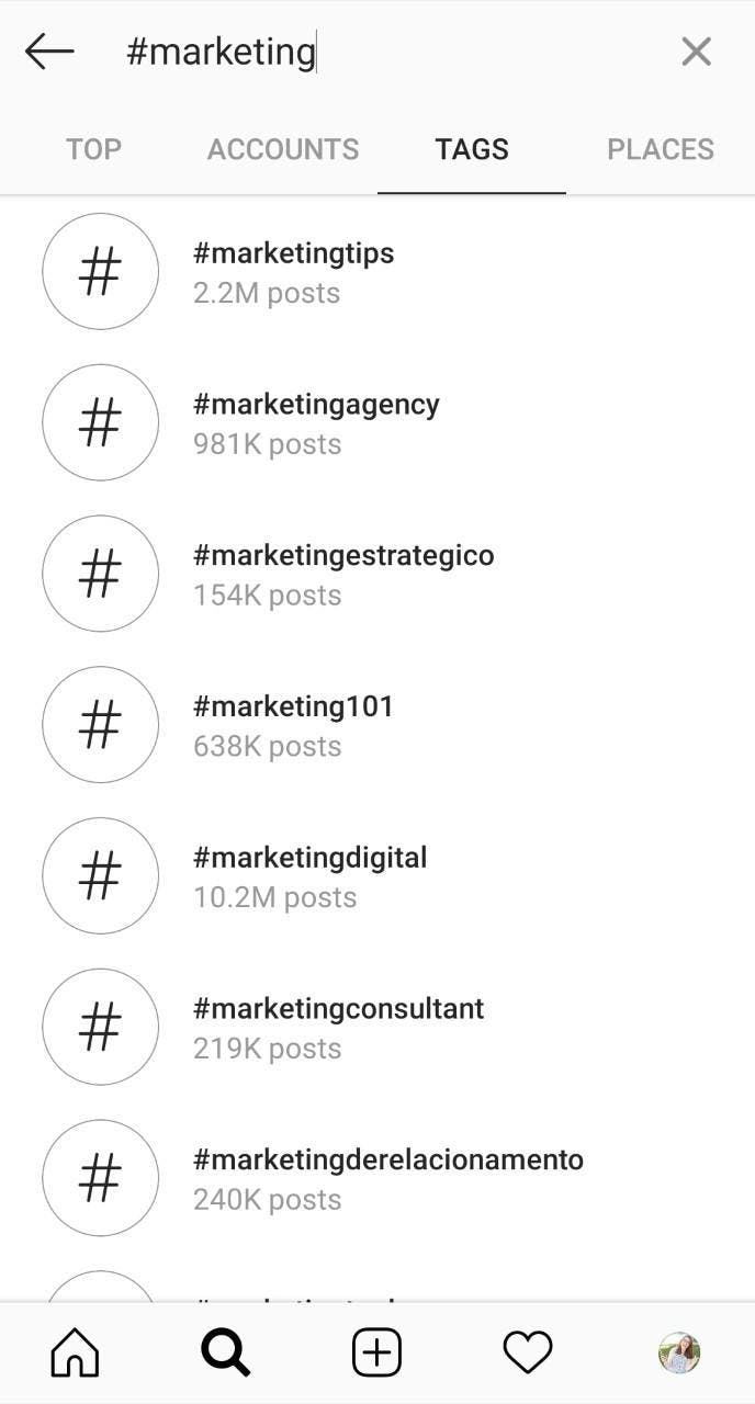 hashtag search on Instagram