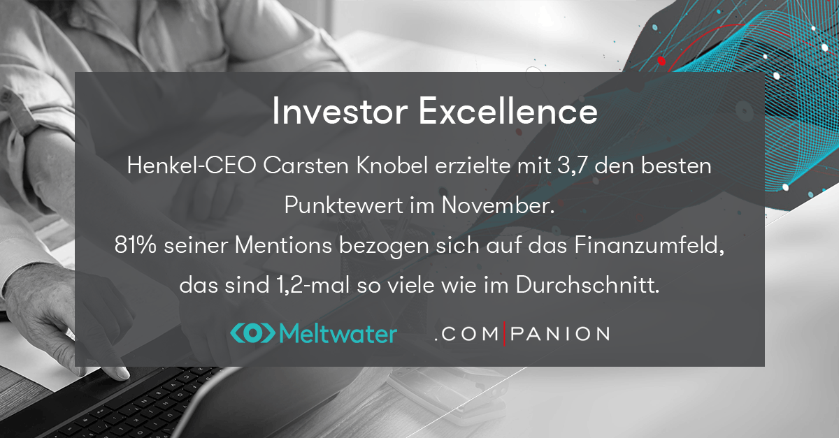 Meltwater und .companion CEO Echo im November 2020. Dieses Banner zeigt die Kategorie "Investor Excellence", in der Carsten Knobel von Henkel gewonnen hat.