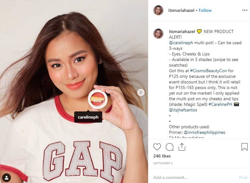 Micro influencer Maria Hazel faisant un placement de produit cosmétique sur Instagram