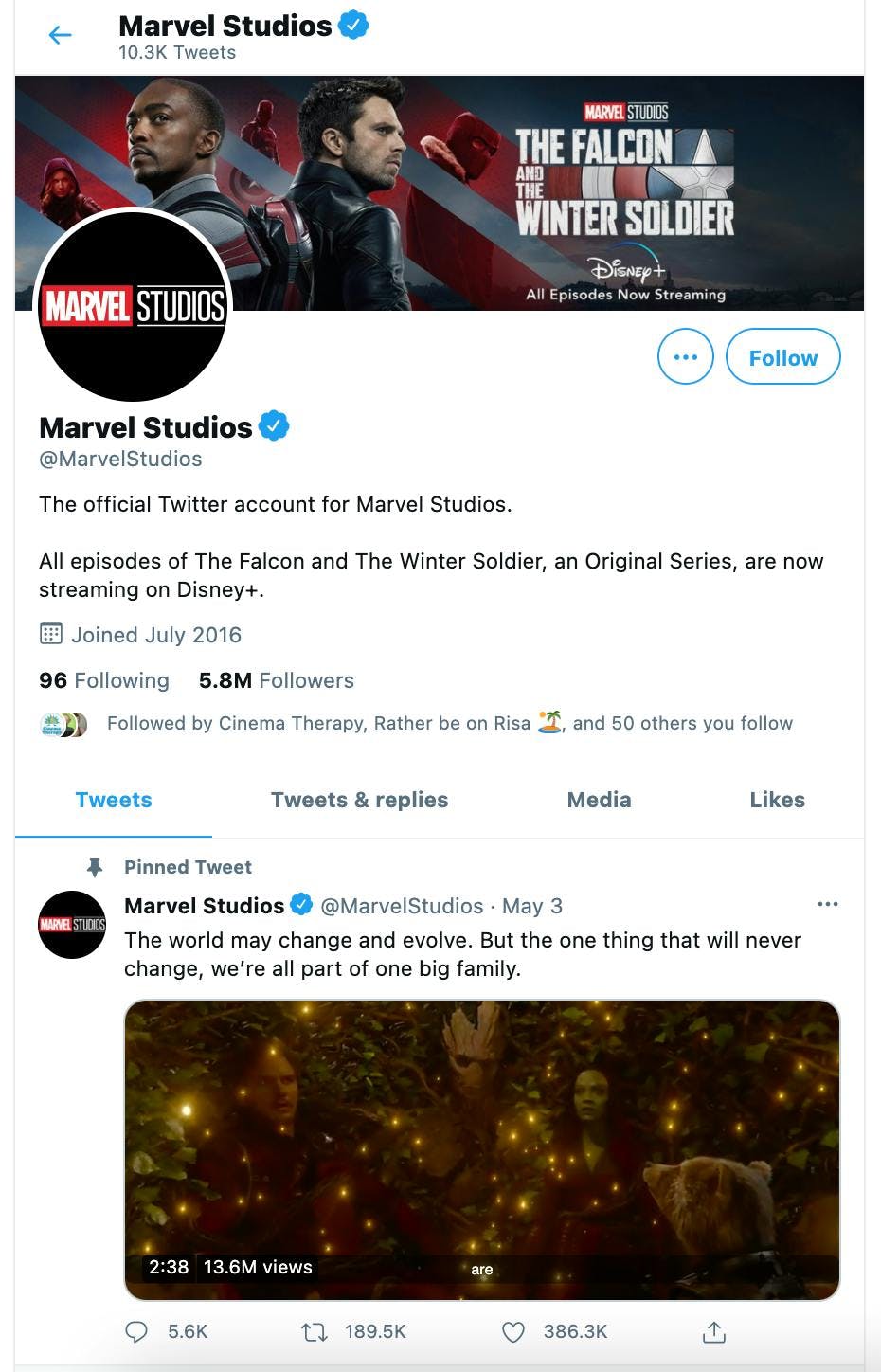 Marvel Twitter account showing pinned Tweet 
