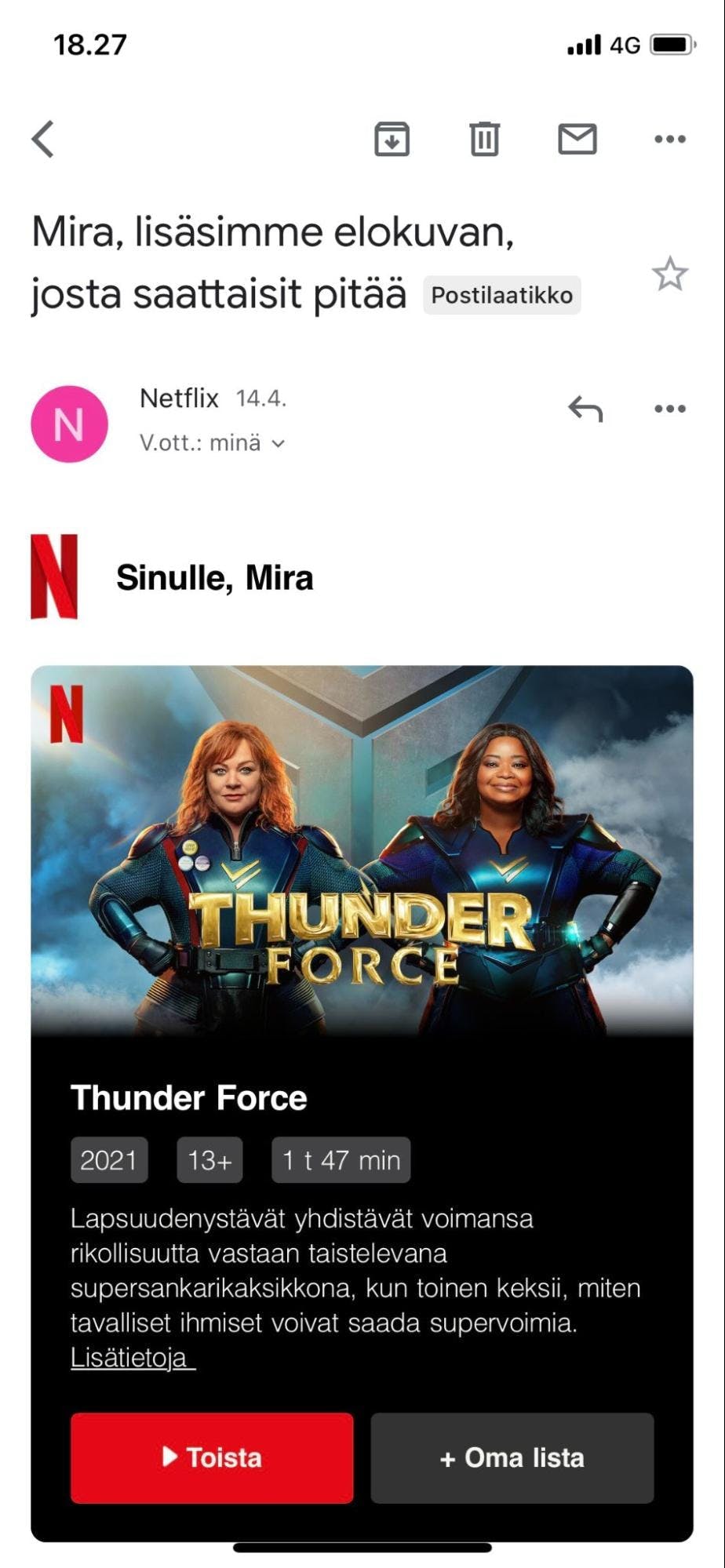 Esimerkkikuva Netflixin sähköpostimarkkinoinnin kampanjasta