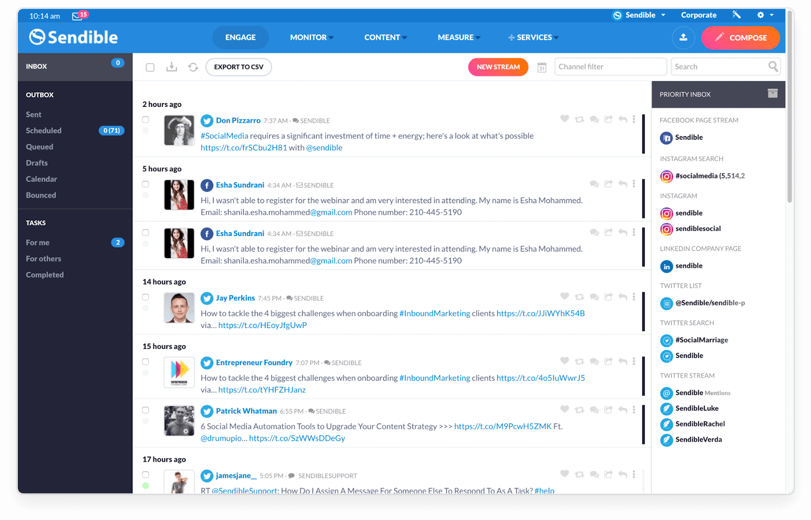 screenshot of sendible stream dashboard for social media monitoring tool