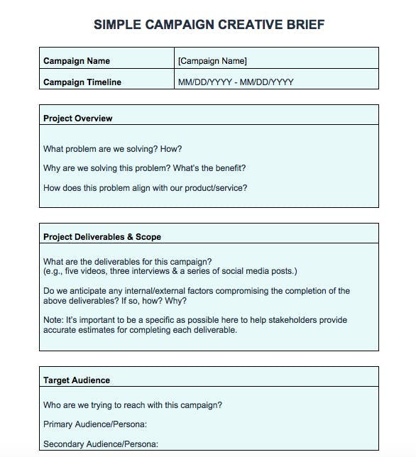 Screenshot of a simple campaign creative brief
