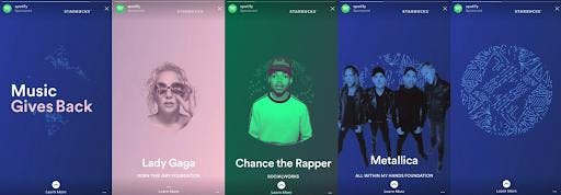 Spotify and Starbucks collaborate on a series of ads featuring artists such as Lady Gaga, Chance the Rapper and Metallica