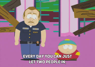 Vartija ja Eric Cartman animoidusta televisiosarjasta South Parkista seisomassa ja keskustelemassa hylätyssä rakennuksessa.