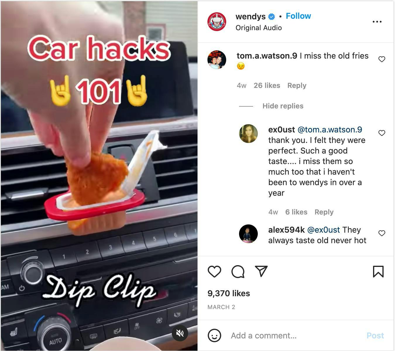 Negative comments on an Instagram post from Wendys