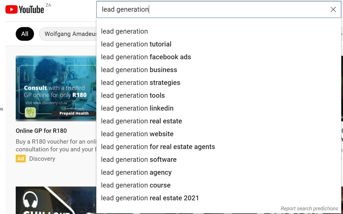 screenshot of youtube search bar for lead generation