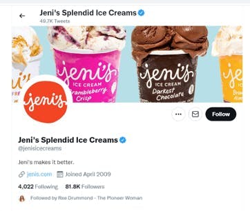 Jeni's Splendid Ice Cream twittersivu.