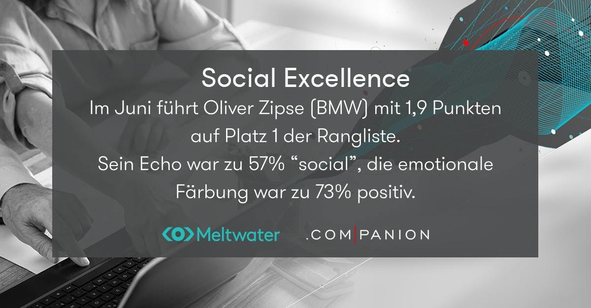 Meltwater und .companion CEO Echo im Juni 2023. Dieser Banner zeigt die Kategorie "Social Excellence", in der Oliver Zipse von BMW gewonnen hat.