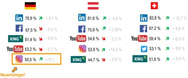 Man sieht die Flaggen der 3 DACH Länder und darunter die Statistik über die Nutzung der Social Media Plattformen im B2B