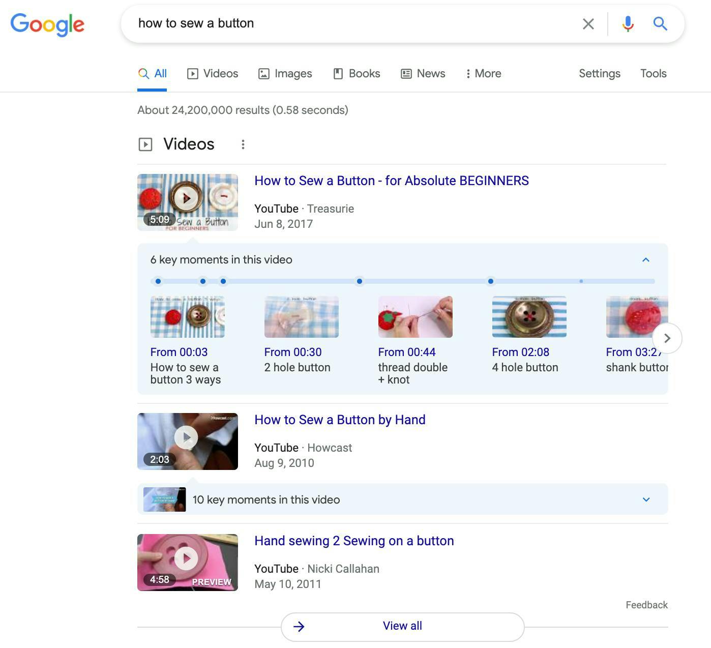 Résultats d'une recherche Google pour "How to Sew a Button" montrant des suggestions d'horodatages proposées par Google