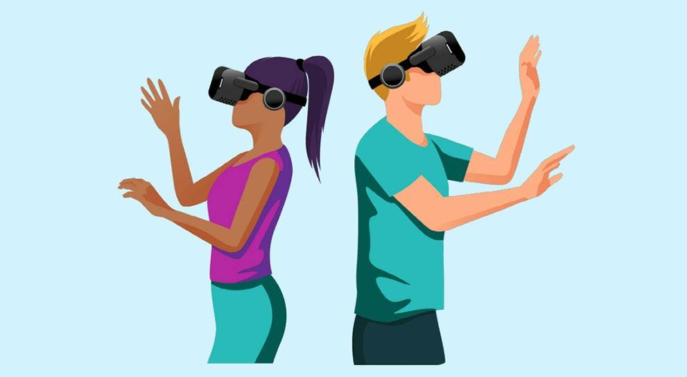 Kuvituskuva kahdesta henkilöstä, joilla on VR-lasit päässä.