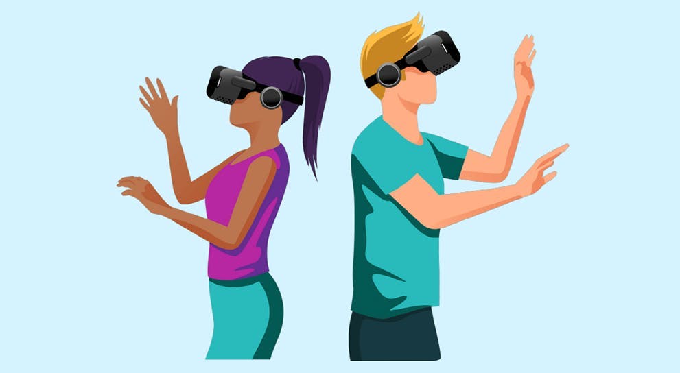Illustratie van een man en een vrouw die VR brillen op hebben.
