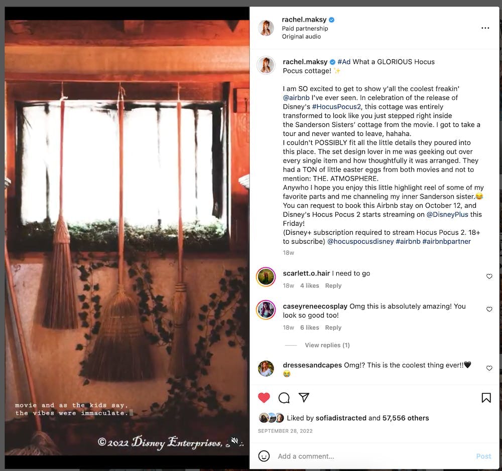 Hocus Pocus themed airbnb influencer post on Instagram