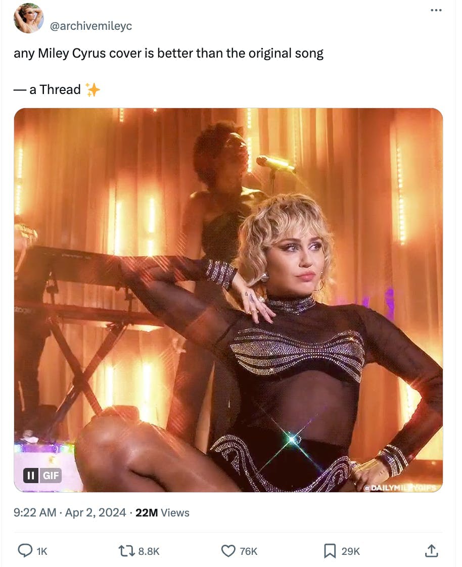 A screenshot of an X post highlighting covers by Miley Cyrus that has 76k likes and 29k bookmarks.