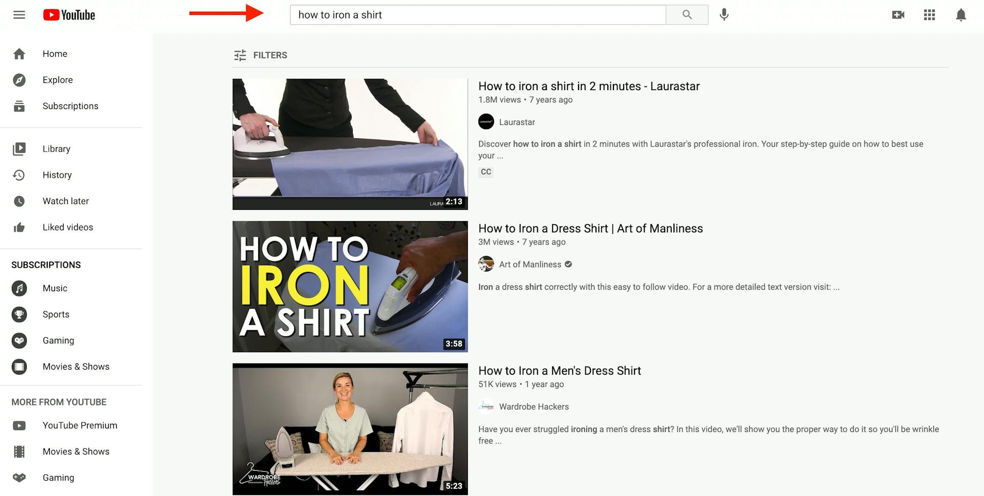 YouTube organic search results for the keyword "how to iron a shirt"