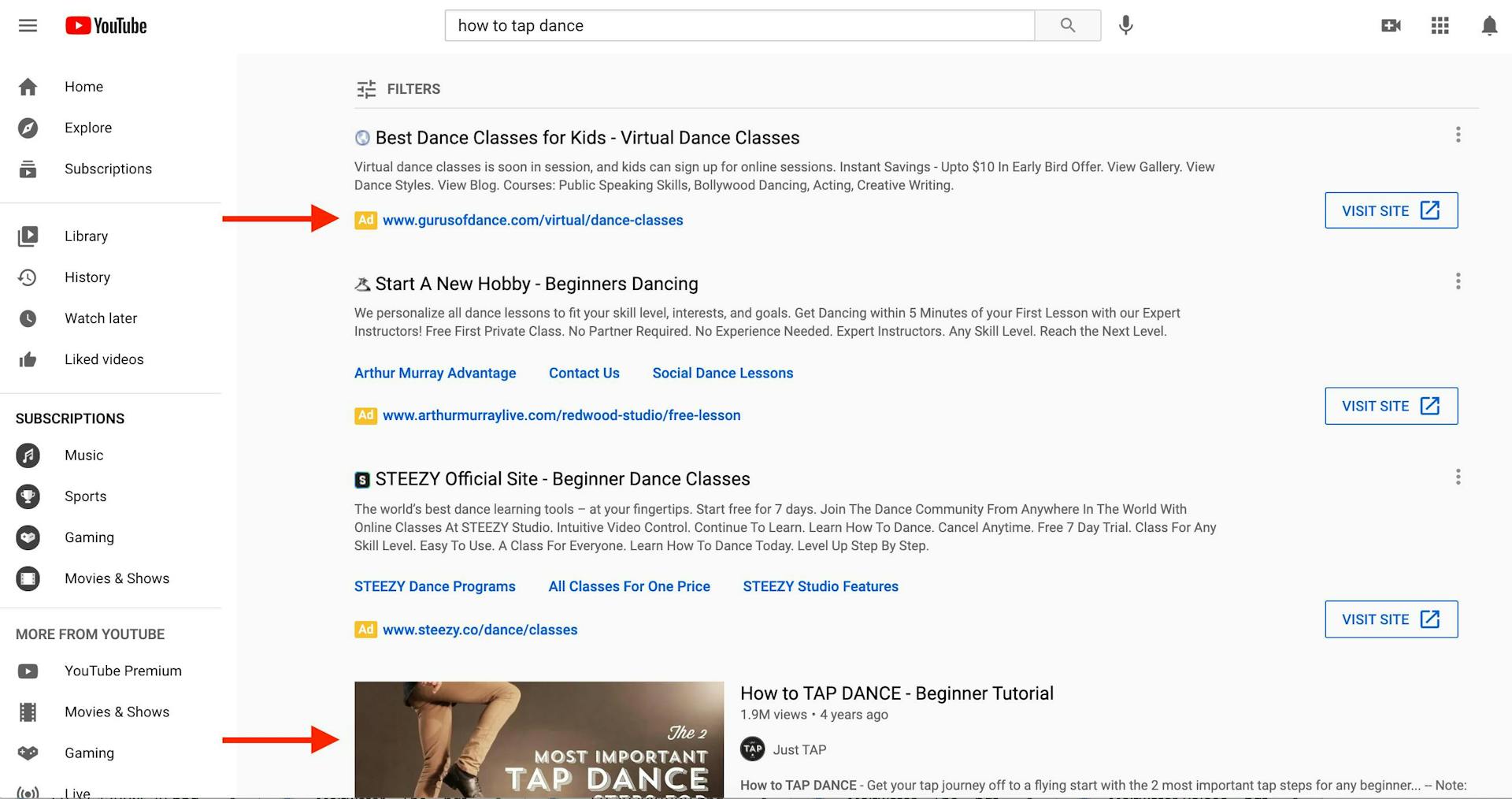 YouTube search results with three large ads above the fold