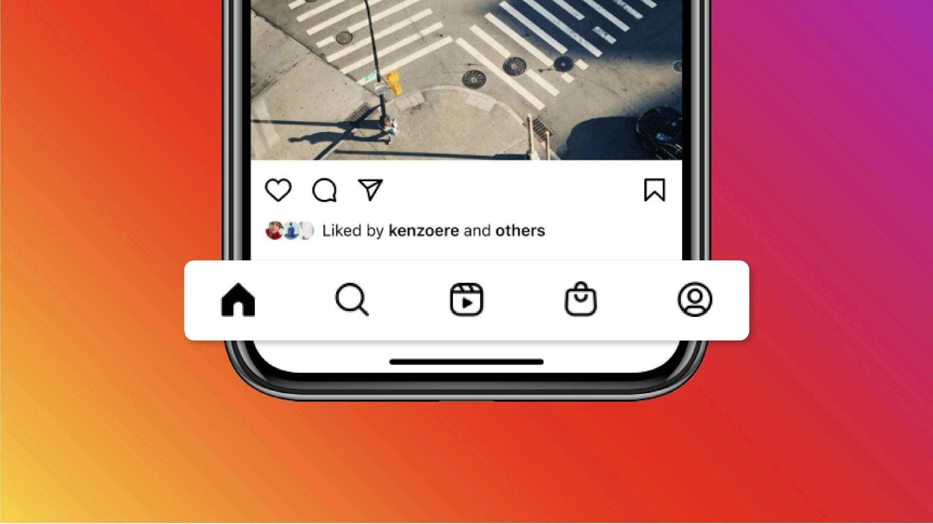 A phone that is opened to the Instagram app. At the bottom of the screen, the navigation icons within the app are emphasized to indicate the introduction of a Reels tab and a Shop tab.