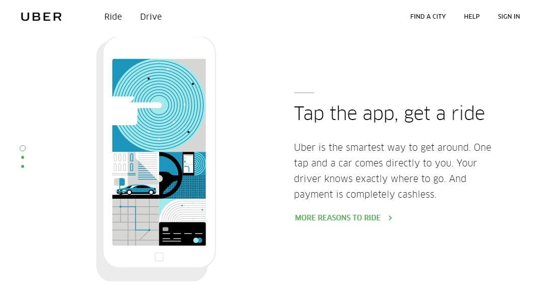Ein Handy mit Uberbildern und dem Text: Tap the app, get the ride. Uber is the smartest way to get around. One Tap and a car comes directly to you. Your driver knows exactly where to go. And payment is completely cahsless.