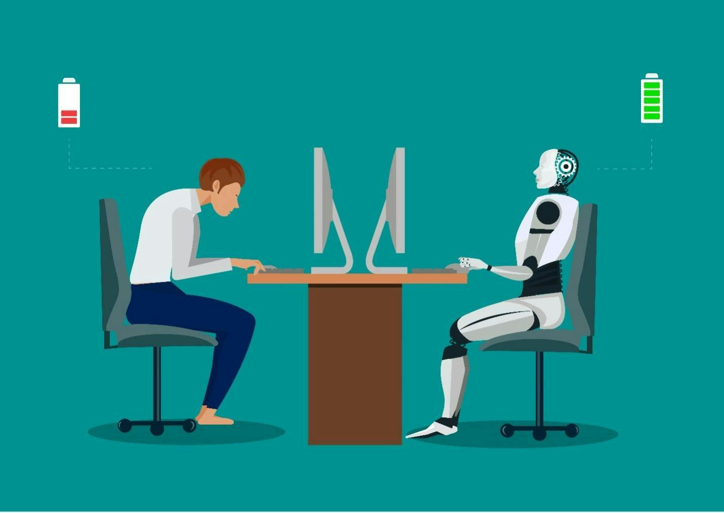 Ihminen ja robotti työskentelevät pöydän ääressä.