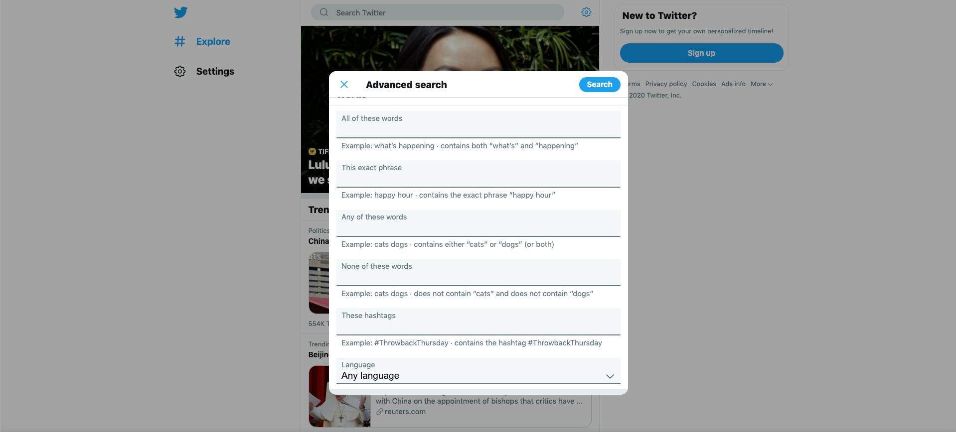 Advanced search parameters on Twitter: keywords, hashtags, languages